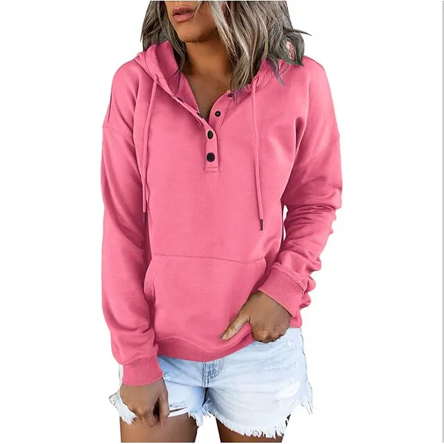 Hoodie Women's Wine Red Black Pink Solid Colored Button Pocket Street Daily Daily Basic Hooded S