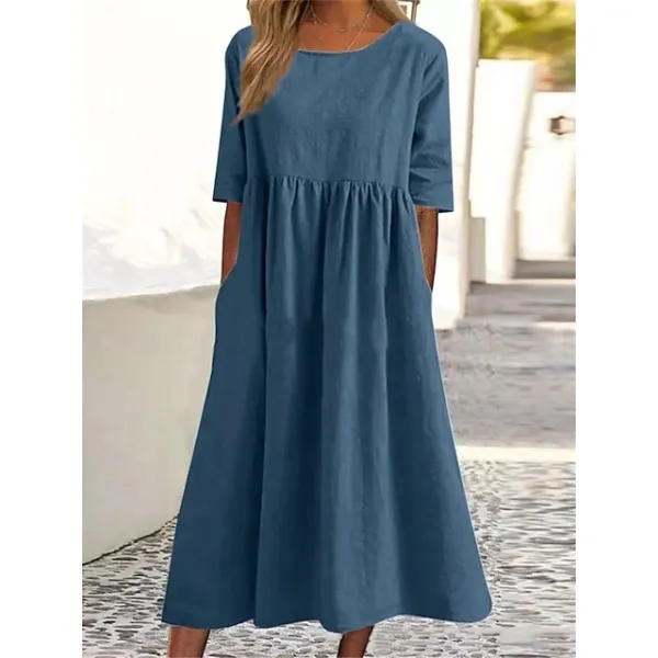 Women's Casual Dress Cotton Dress Swing Dress Midi Dress Cotton Basic Casual Outdoor Daily Crew Neck Pocket Smocked Half Sleeve Summer Spring Fall 2023 Loose Fit Light Blue Black White Pure Color S M