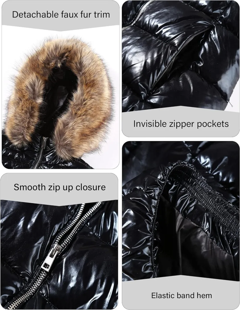 Womens Lightweight Puffer Jacket, Winter Coats for Women Warm Quilted Bubble Padded Hood Coat with Faux Fur Collar