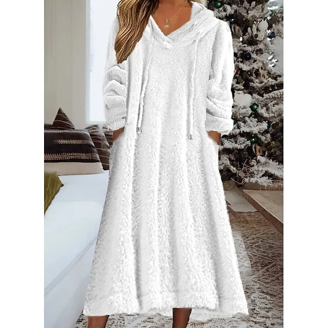 Women's Hoodie Dress Casual Dress Midi Dress Teddy Fleece Warm Home Daily Weekend Hoodie Pocket Drawstring Pure Color 2023 Regular Fit White Lavender Khaki S M L XL 2XL