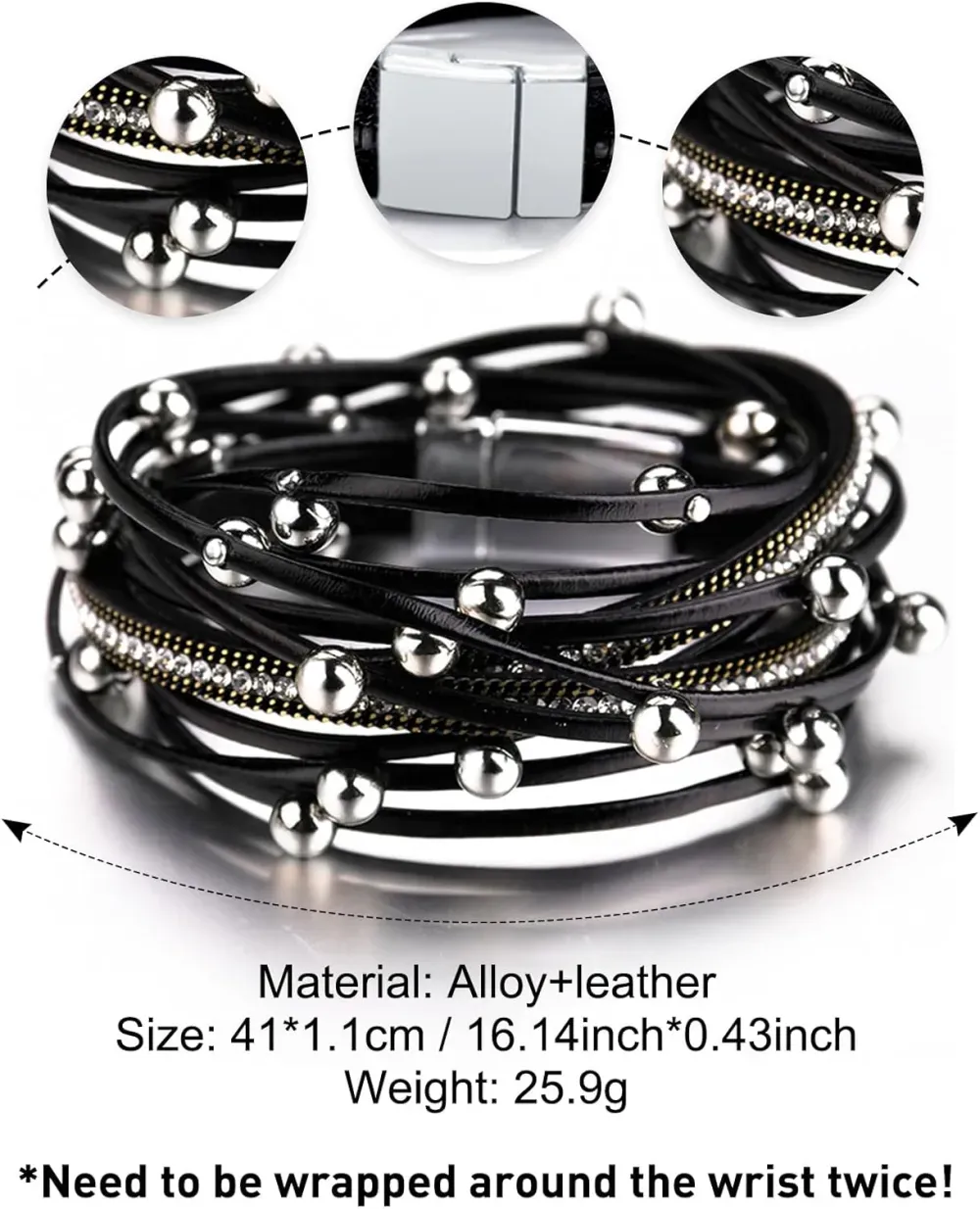 Fesciory Leather Wrap Bracelets for Women, Boho Leopard Multi-Layer Crystal Beads Cuff Bracelet Jewelry