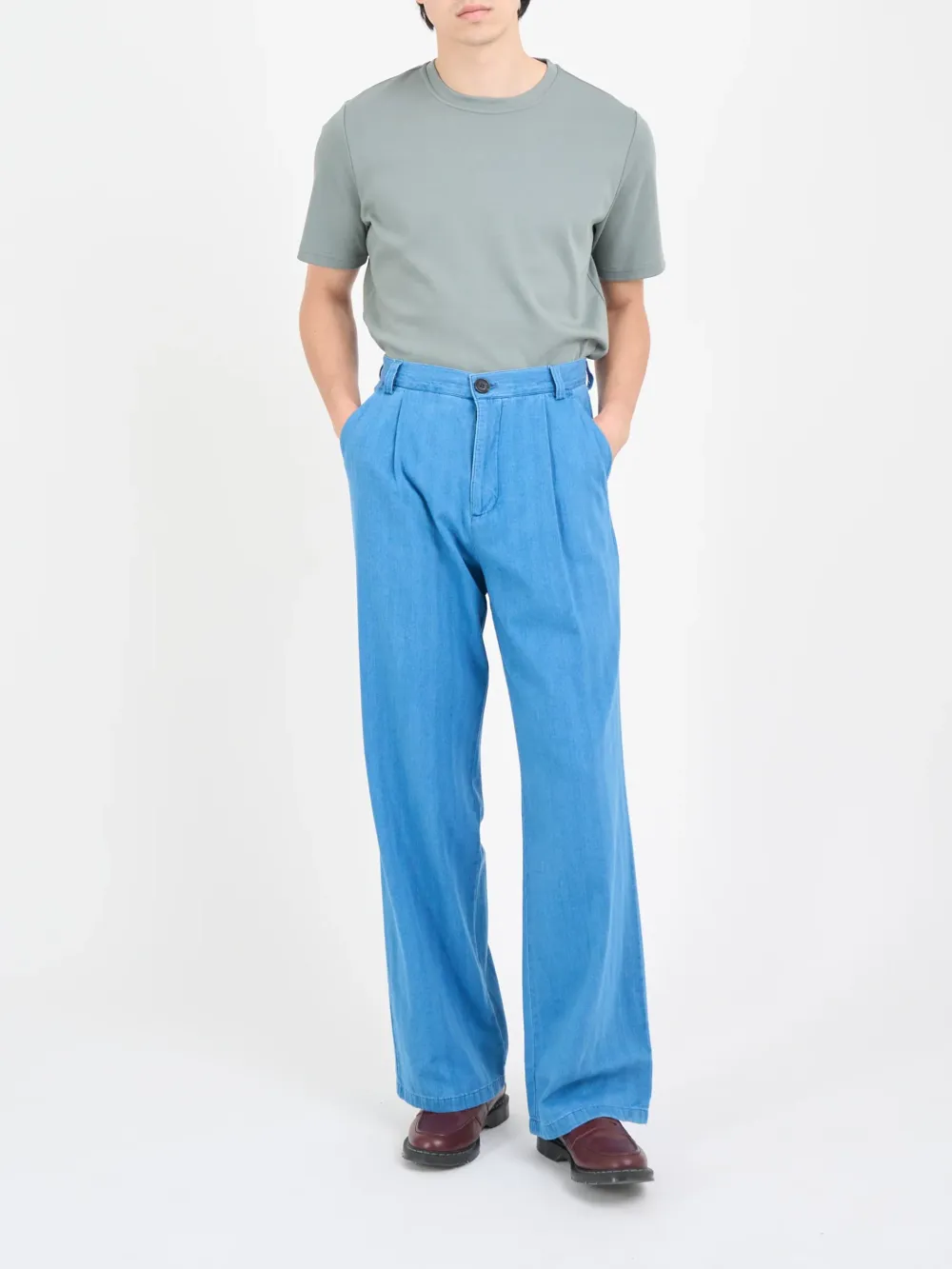 Indigo Wide-Leg High Waisted Lightweight Cotton-Linen Trousers