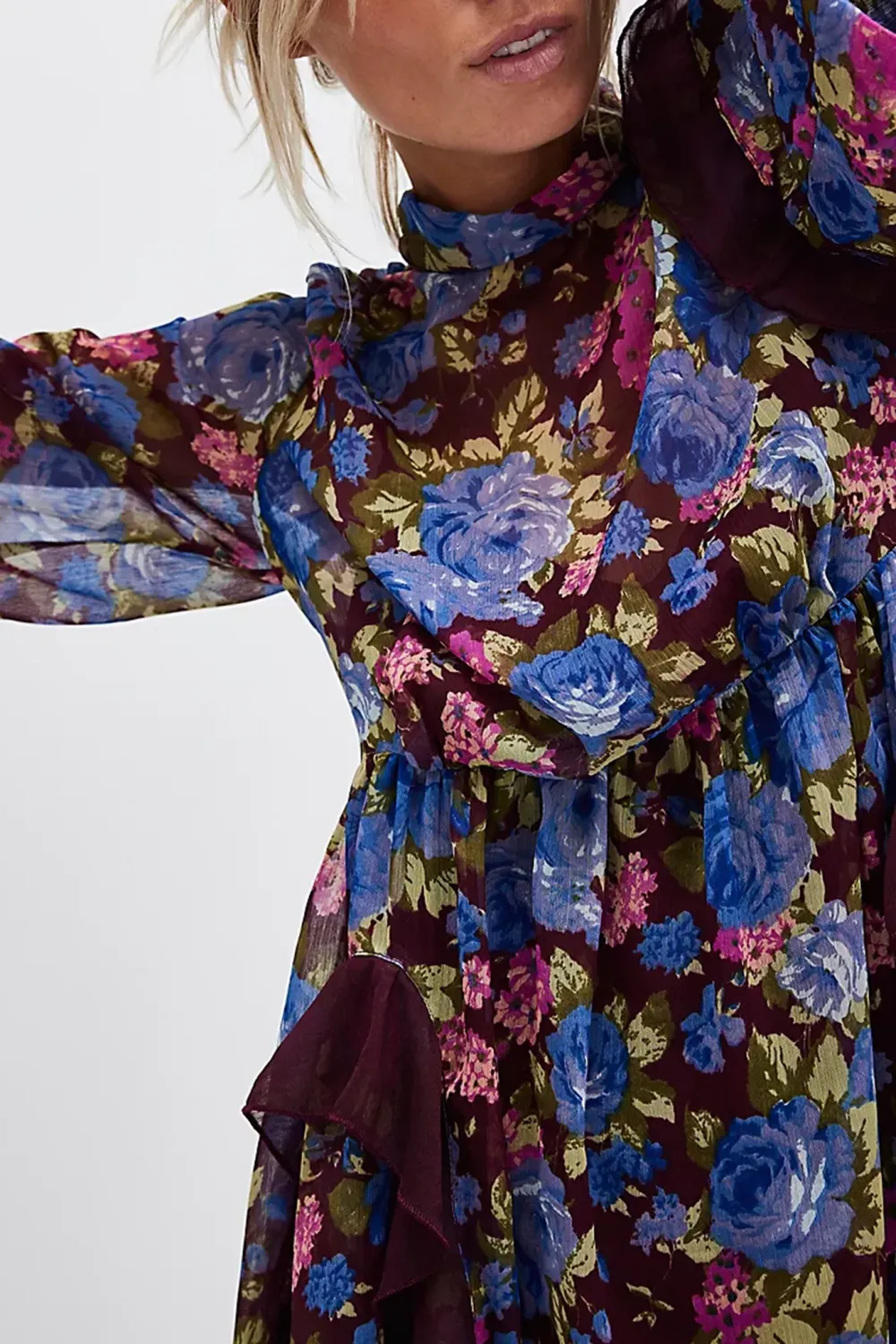 High Neck Lantern Sleeve Floral Mini Dress