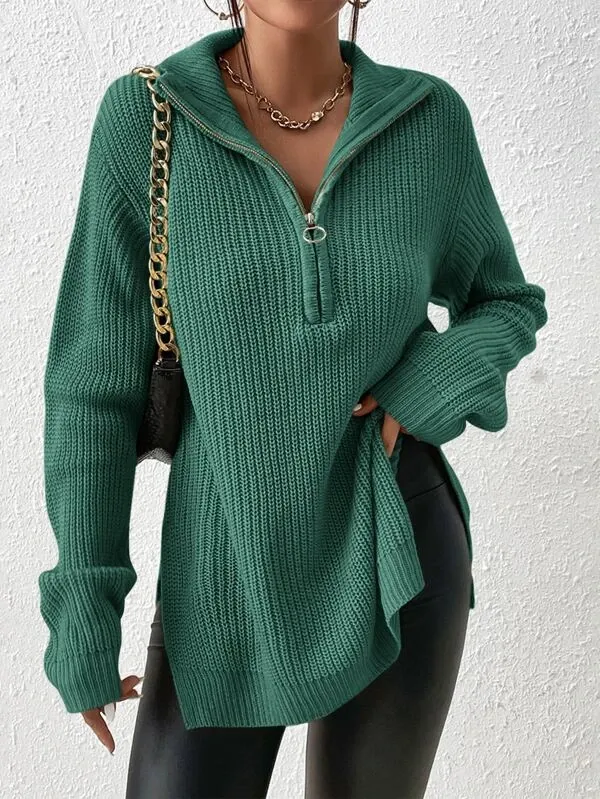 Half Zip Ribbed Knit Drop Shoulder Split Hem Sweater