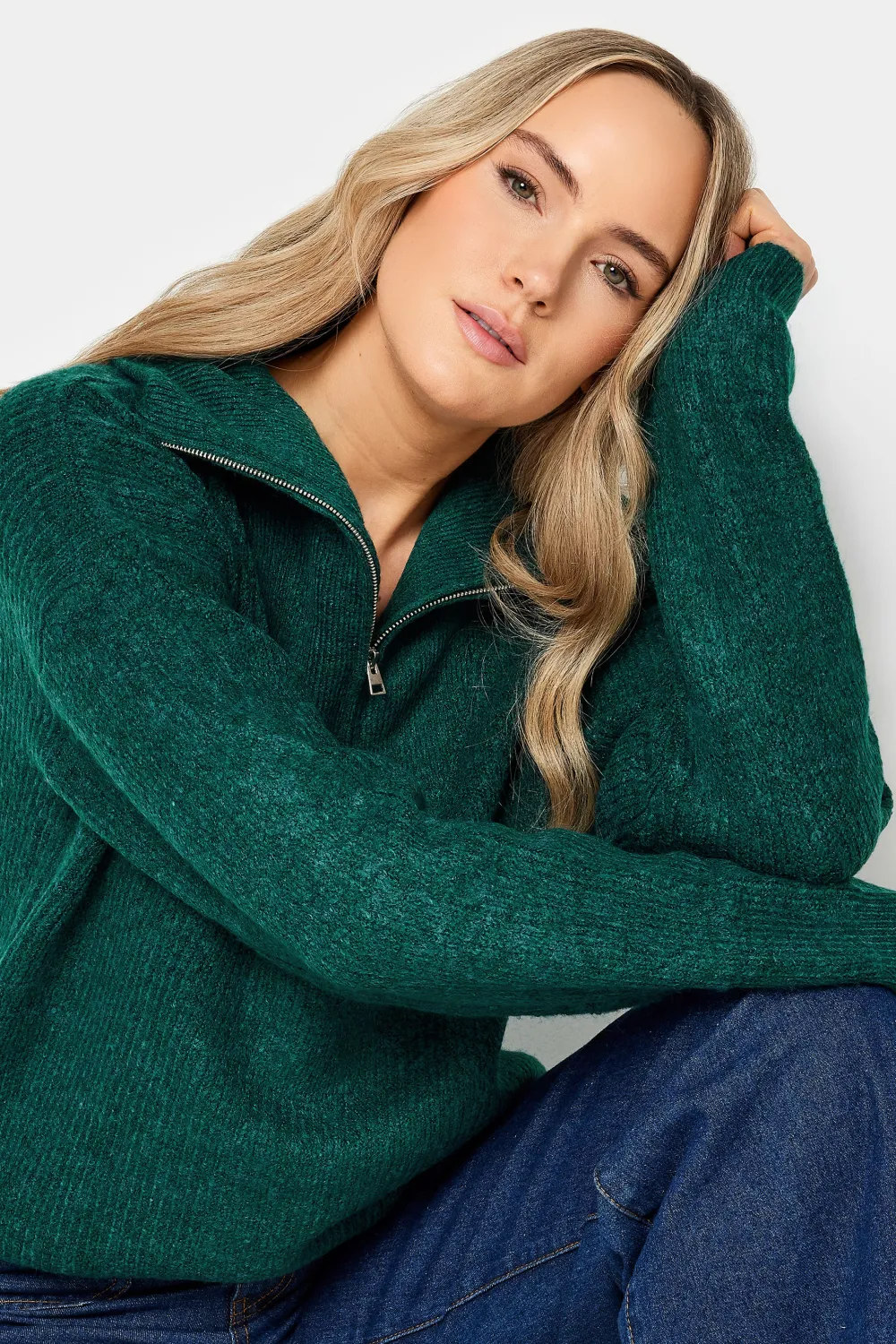 LTS Tall Dark Green Marl Zip Funnel Neck Jumper