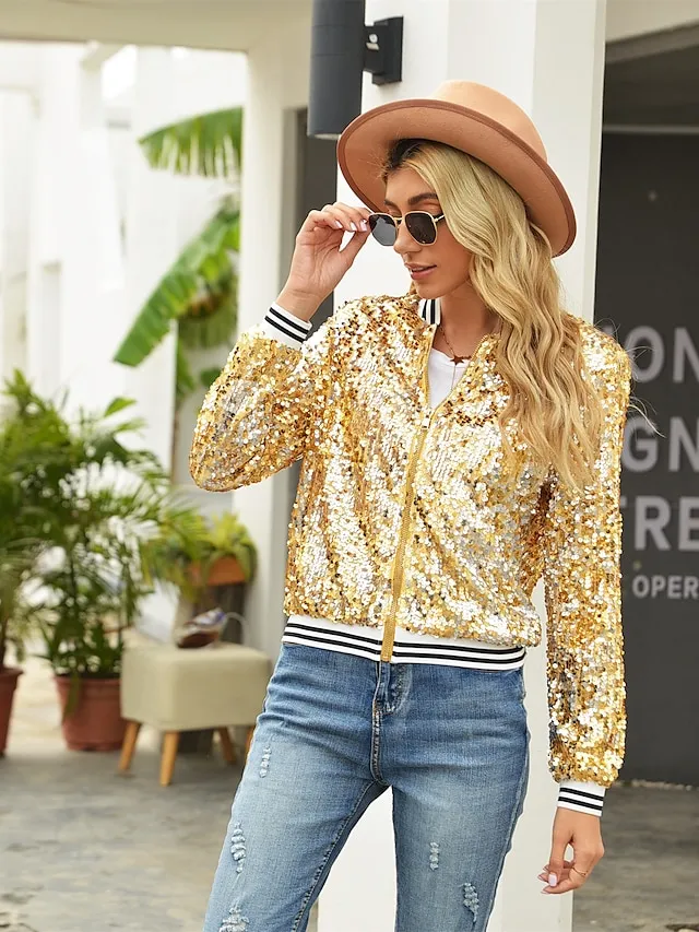 Women's Bomber Jacket Sparkly Sequins Varsity Jacket Wedding Party Daily Spring Fall Coat Regular Fit Windproof Warm Active Elegant Casual Jacket Long Sleeve Solid Color Sequins Black Blue Gold