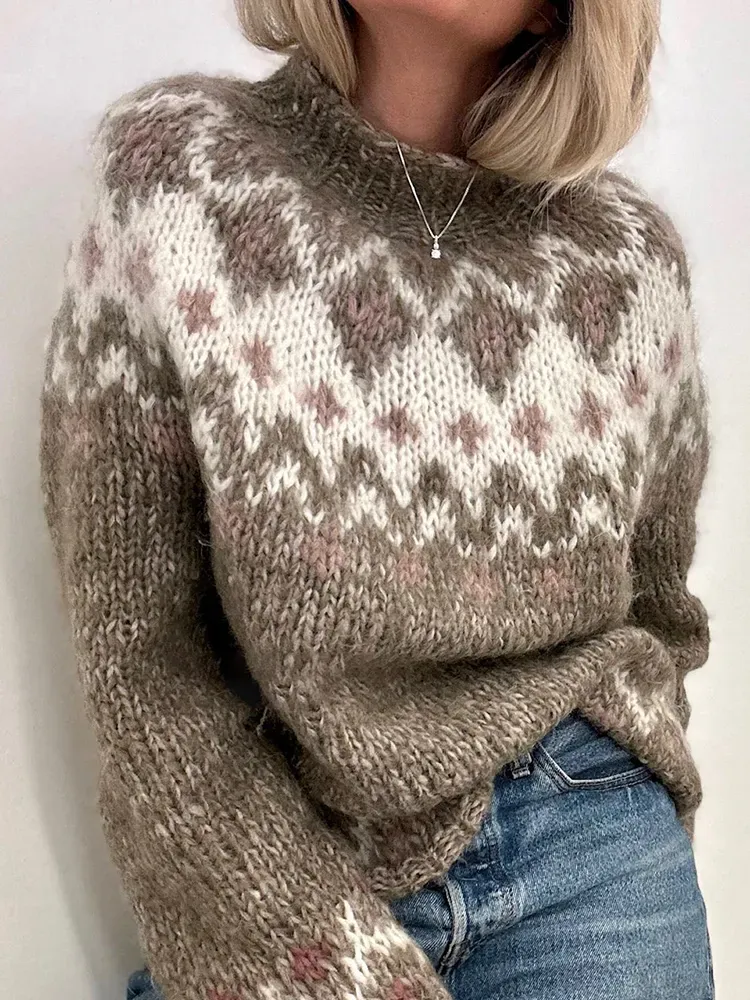 Retro Geometric Cross Wave Pattern Jacquard Contrast Sweater