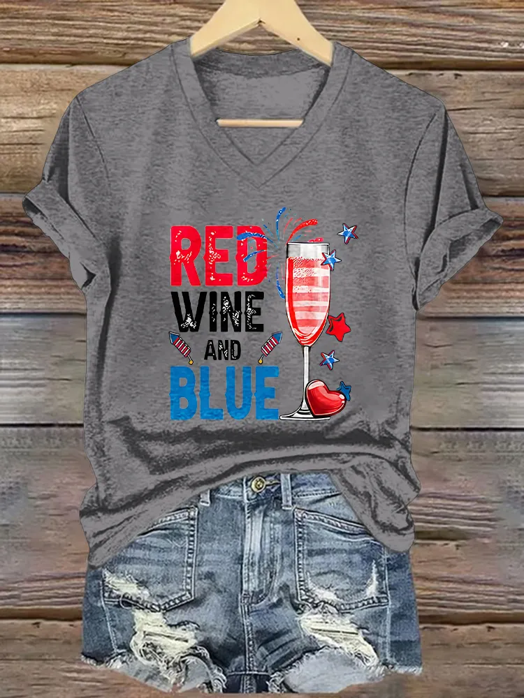 Women's America 1776 Red Wine And Blue Print Short Sleeve Round Neck Cotton T-Shirt
