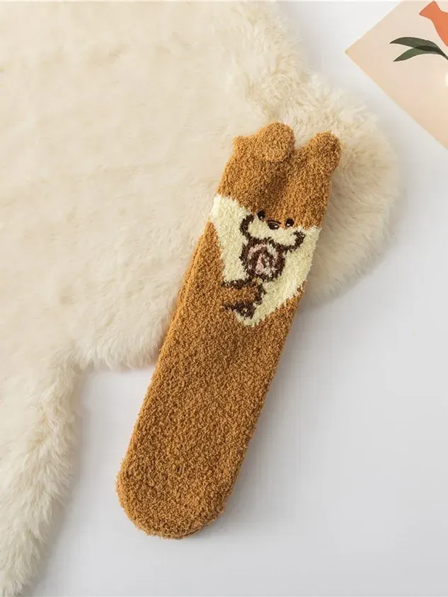 Cat Dog Pika Pet Cute Shape Thickened Warm Coral Fleece Floor Socks
