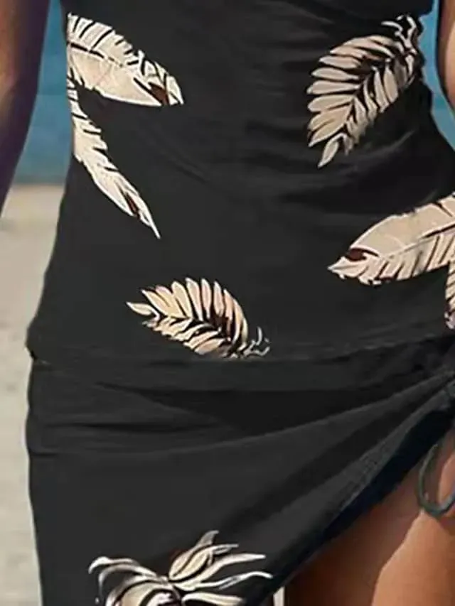 Women's Swimwear Tankini 2 Piece Plus Size Swimsuit Open Back Printing for Big Busts Trees / Leaves Black Halter V Wire Bathing Suits New Vacation Fashion / Modern / Padded Bras