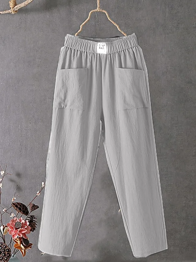 Women's Linen Pants Chinos Pants Trousers Cotton Solid Color Side Pockets Baggy Ankle-Length Micro-elastic Mid Waist Fashion Work Casual Black White M L Summer Spring &  Fall