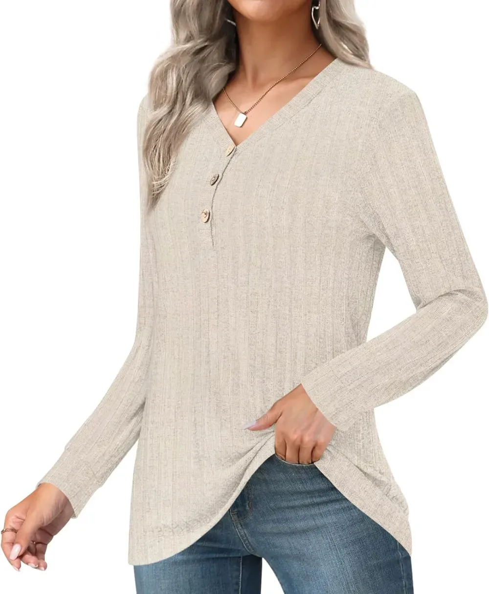 HOTGIFT Womens 2024 Fall Winter Tunic Tops Long Sleeve Casual T-Shirts Soft Comfy Stripe Blouse Lightweight