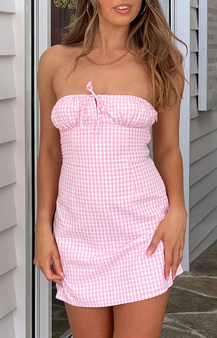Pink Gingham Strapless Corset Mini Dress