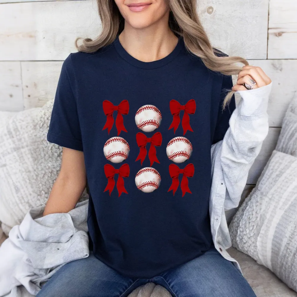 A Casual T-Shirt With Alternating Red Bow And Baseball Patterns.