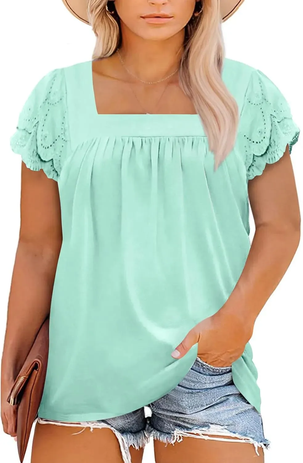 Eytino Womens Plus Size Tops Ruffle Short Sleeve Square Neck Summer Loose Casual Tee Shirts(1X-5X)