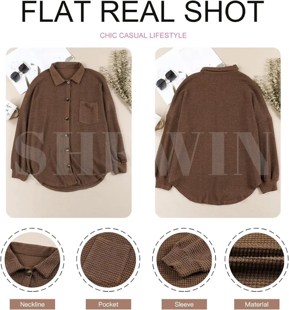 Womens Waffle Knit Button Down Shirts Casual Long Sleeve Shacket Jacket Boyfriend Tops Blouses Loose Fit