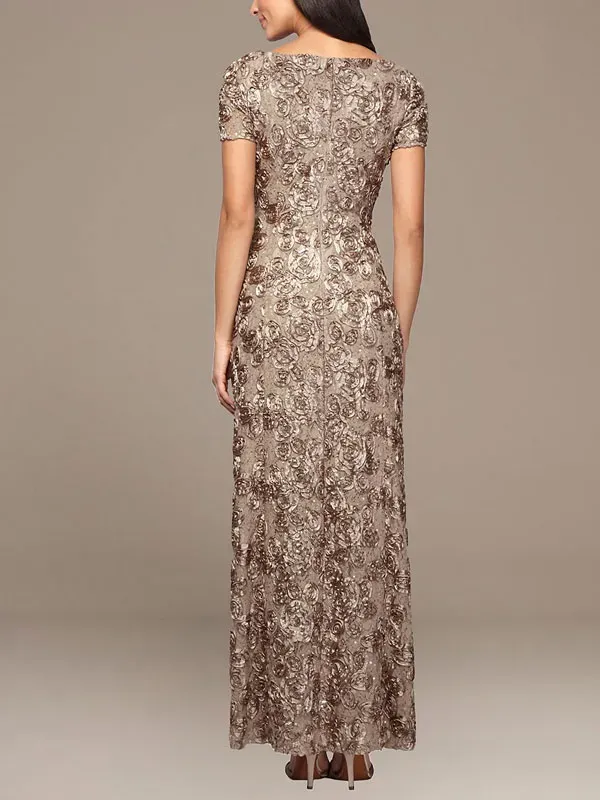 rosette lace cap sleeve a-line gown