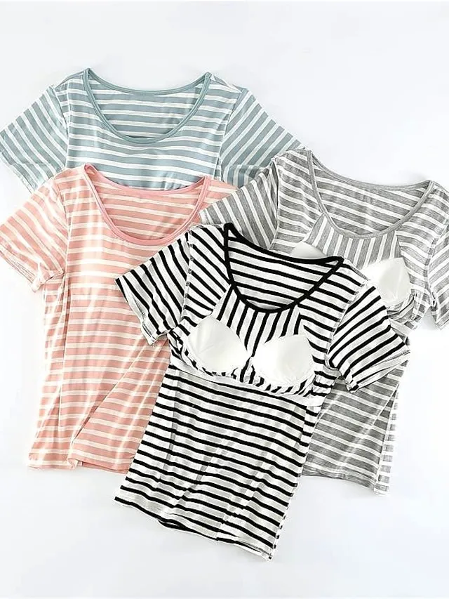 Women's 2 Piece Pajama Sets  with Chest Pad Long Sleeve Stripe Shirt and Pants Crew Neck Spring Autumn Pink Blue