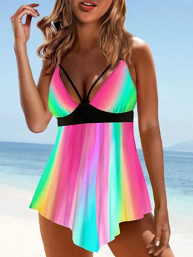 Women's Swimwear Tankini 2 Piece Plus Size Swimsuit Modest Swimwear Open Back for Print Floral Tunic Strap Bathing Suits New Vacation Fashion / Modern / Padded Bras