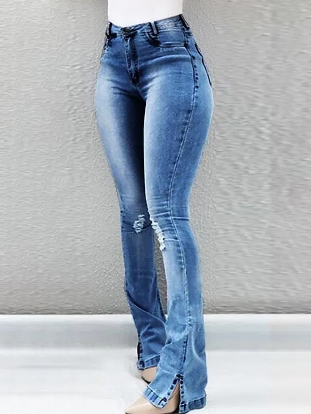 Women's Jeans Bootcut Flared Pants Full Length Denim Split Cut Out Micro-elastic Mid Waist Fashion Casual Weekend Light Blue Black S M