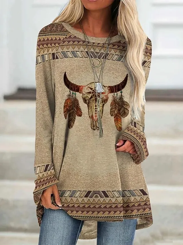 Women's Plus Size T shirt Tee Burgundy Tee Tunic Shirts Marron Yellow Light Green Geometric Plaid Print Long Sleeve Casual Vintage Tunic Ethnic Round Neck Regular Fit Bohemian Theme Geometric Fall