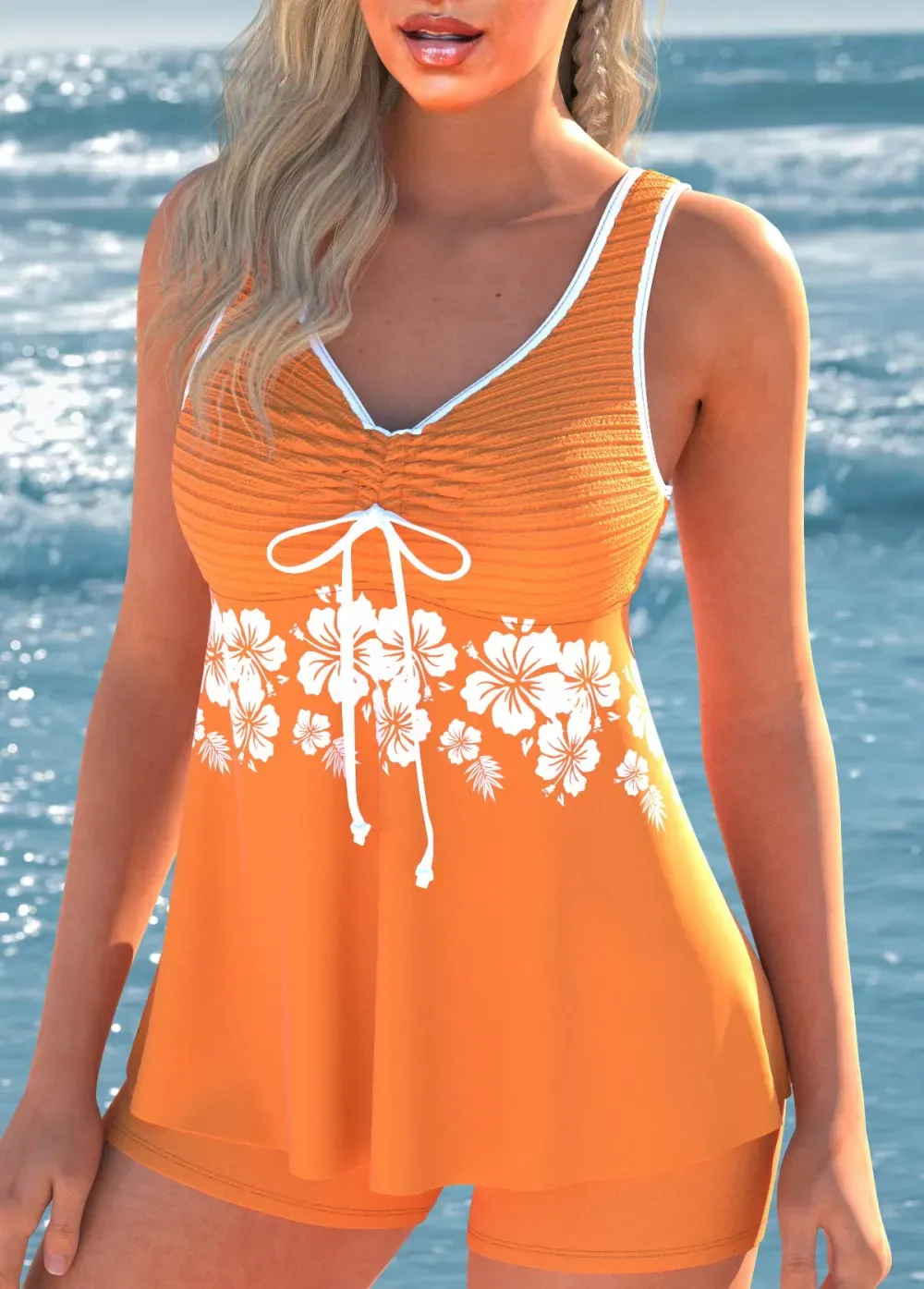 Drawstring Floral Print Orange Tankini Set