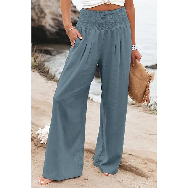 Women's Wide Leg Linen Pants Trousers Full Length Cotton Baggy Micro-elastic High Waist Fashion Casual Daily Vacation Apple Green Black S M Autumn / Fall