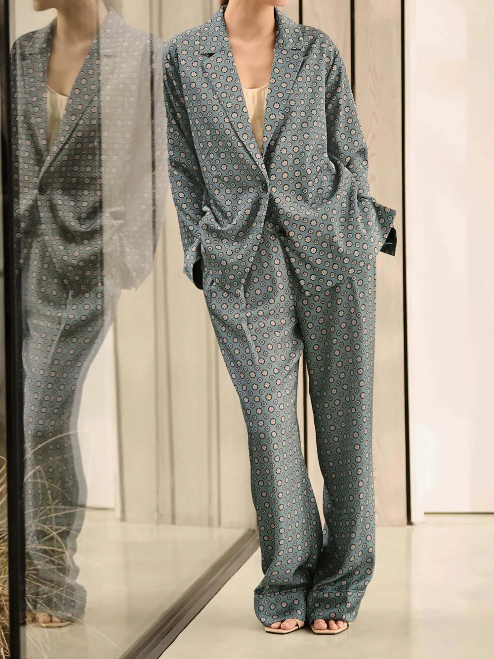 Blue Geometric Printed Loose Single-Breasted Blazer