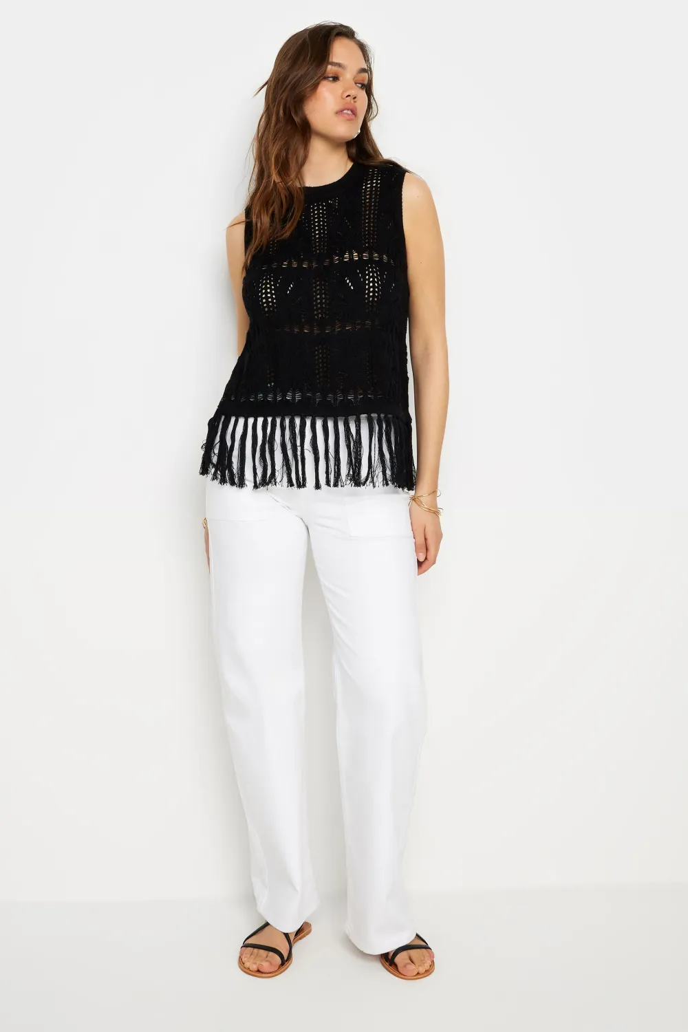 LTS Tall Black Crochet Tassel Vest Top