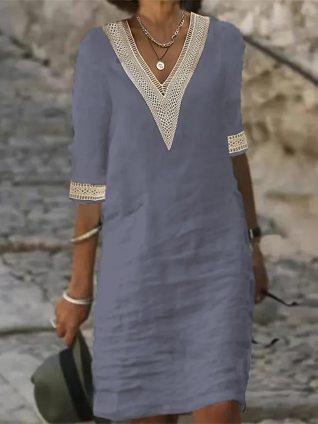 Women's Cotton Linen Dress Casual Dress Shift Dress Midi Dress Cotton And Linen Fashion Modern Outdoor Daily Vacation V Neck Patchwork Half Sleeve Summer Spring 2023 Regular Fit Gray Plain 3XL