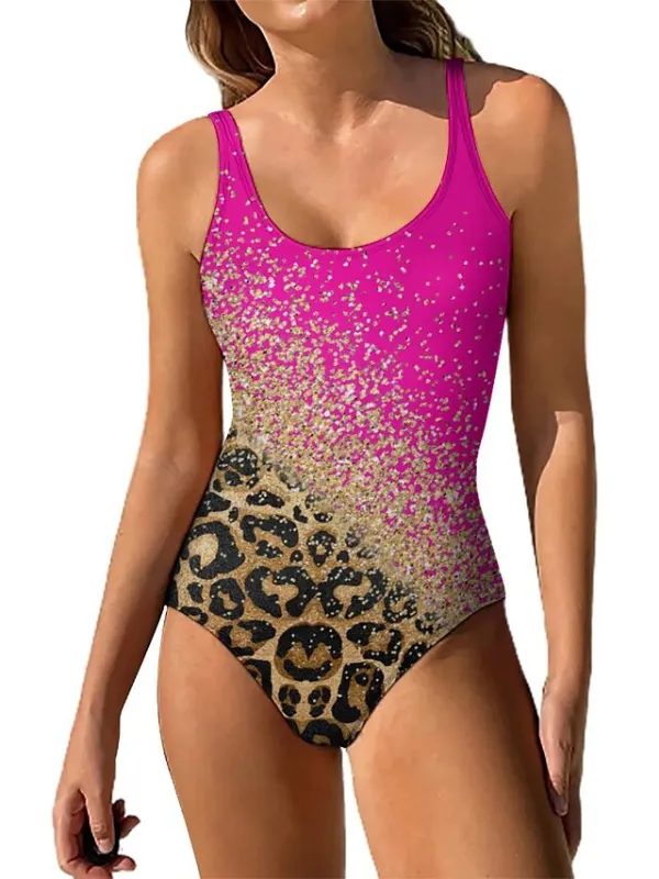 Women's Swimwear One Piece Normal Swimsuit Printing Leopard Yellow Pink Blue Bodysuit Bathing Suits Sports Beach Wear Summer