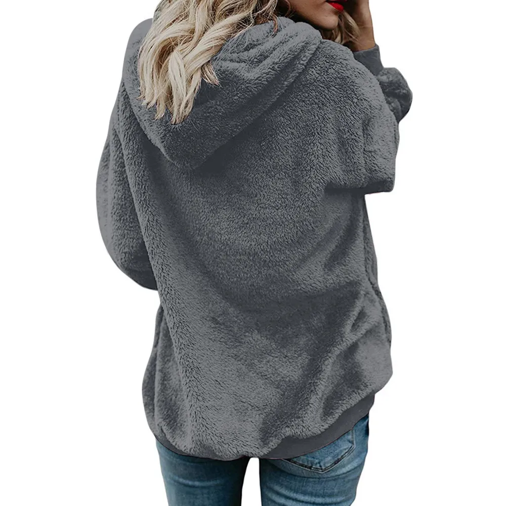 Solid Plush Drawstring Hooded Zip Coat