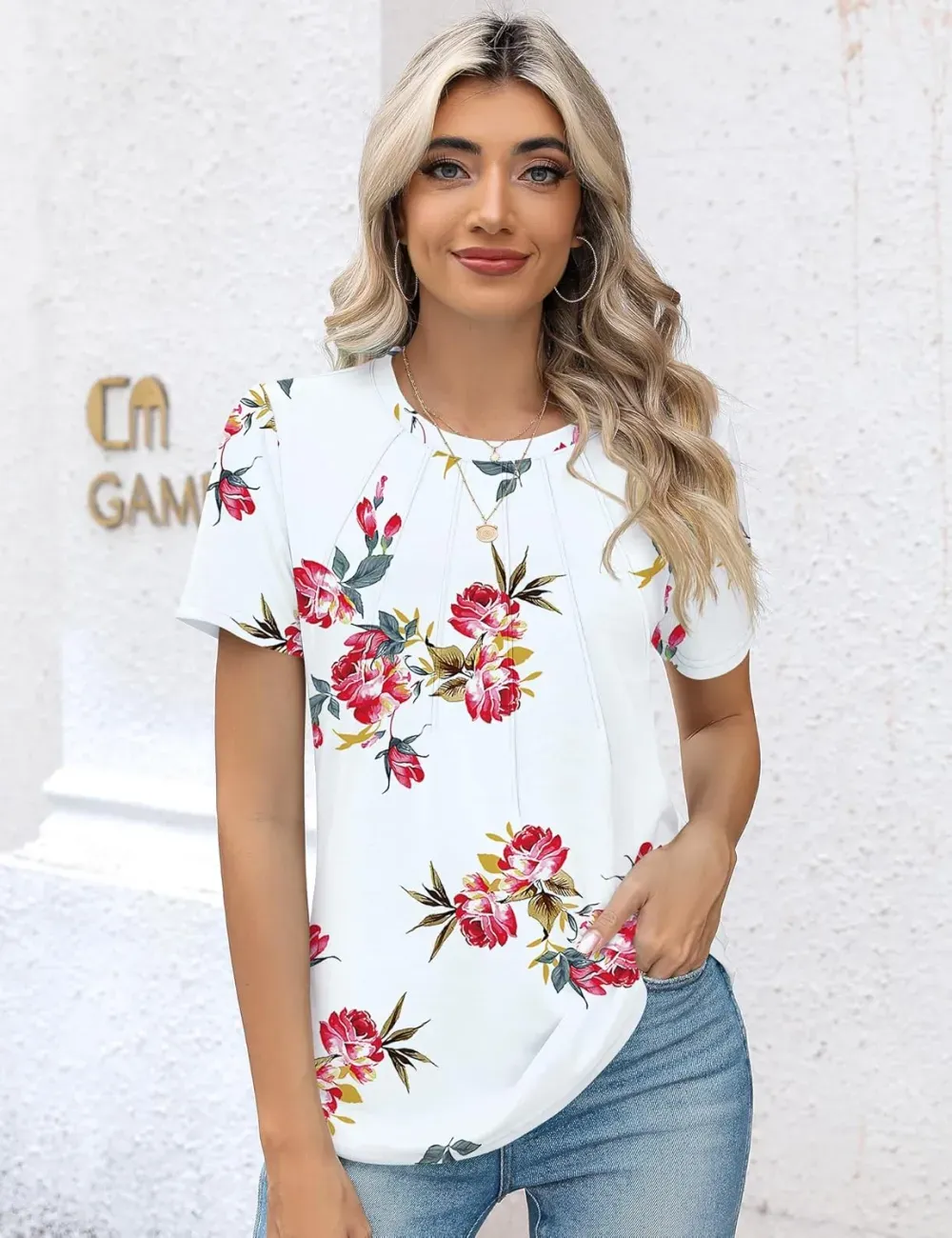 Kistore Womens Casual Crew Neck Short Sleeve Pleated Tops Blouses Fashion Clothes 2024