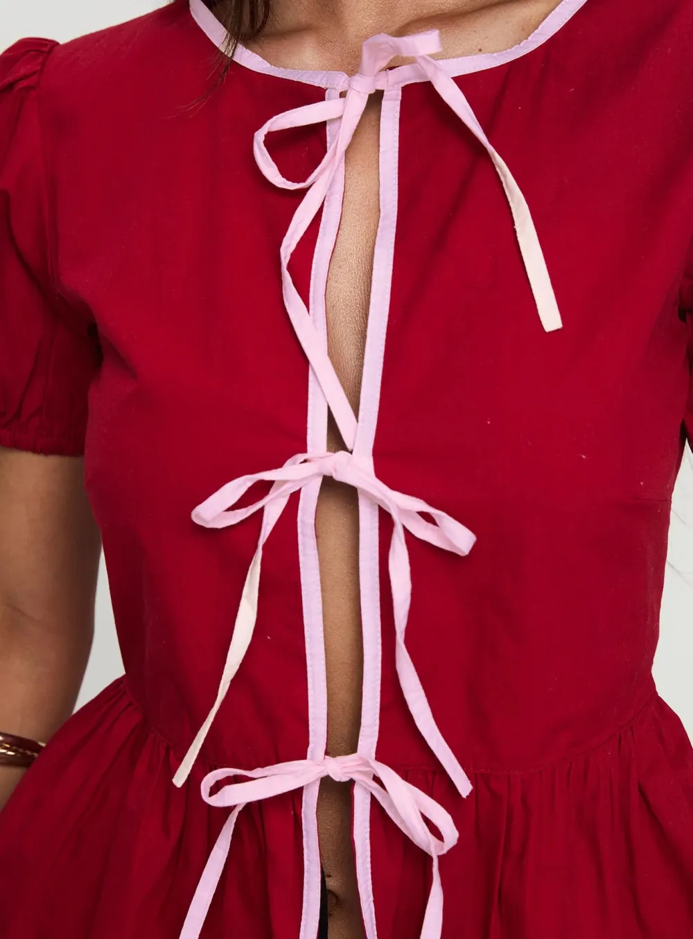 Red Puff Sleeve Peplum Shirt