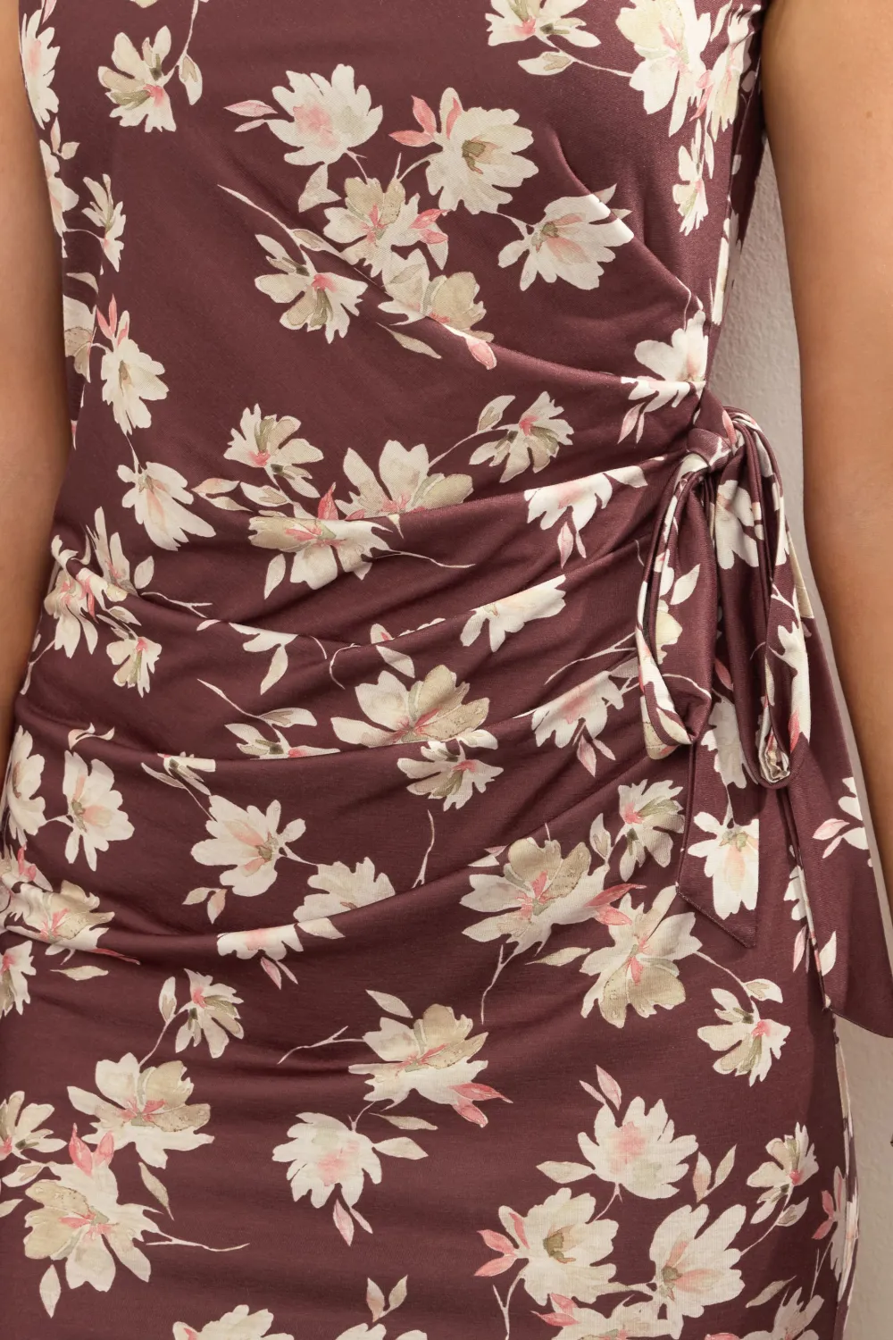 Ruched Style Dark Red Floral Midi Dress