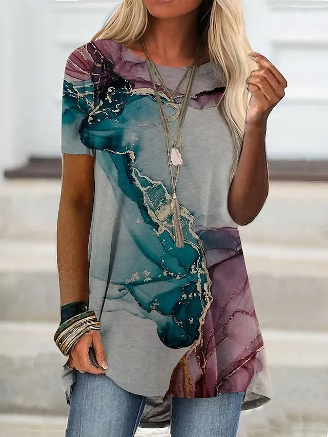 Women's T shirt Tee Tunic Tie Dye Light Green Print Short Sleeve Daily Tunic Basic Round Neck Regular Fit