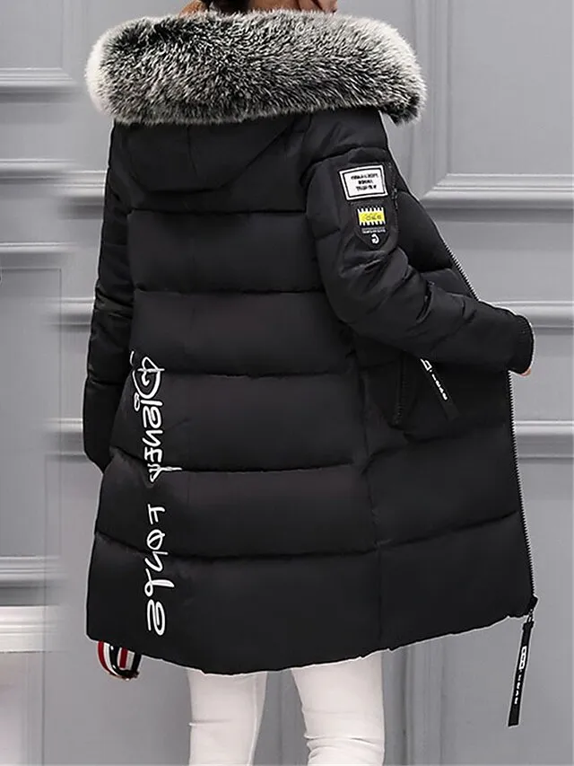 Women's Parka Long Puffer Jacket Thicken Winter Coat with Fur Collar Hood Fall Windproof Warm Overcoat with Pockets Stylish Contemporary Casual Jacket Long Sleeve Full Zip Black White Light Green
