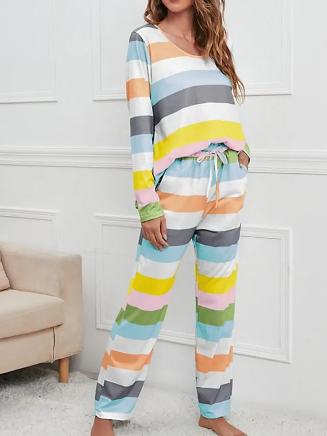 Women's Pajamas Nighty Pjs Sets 2 Pieces Rainbow Stripe Fashion Comfort Soft Home Daily Bed Cotton Breathable V Wire Long Sleeve T shirt Tee Pant Spring Fall Yellow Blue