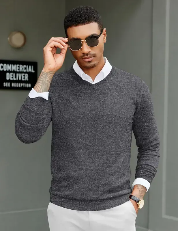Men's Ribbed V-neck Casual Knit Sweater