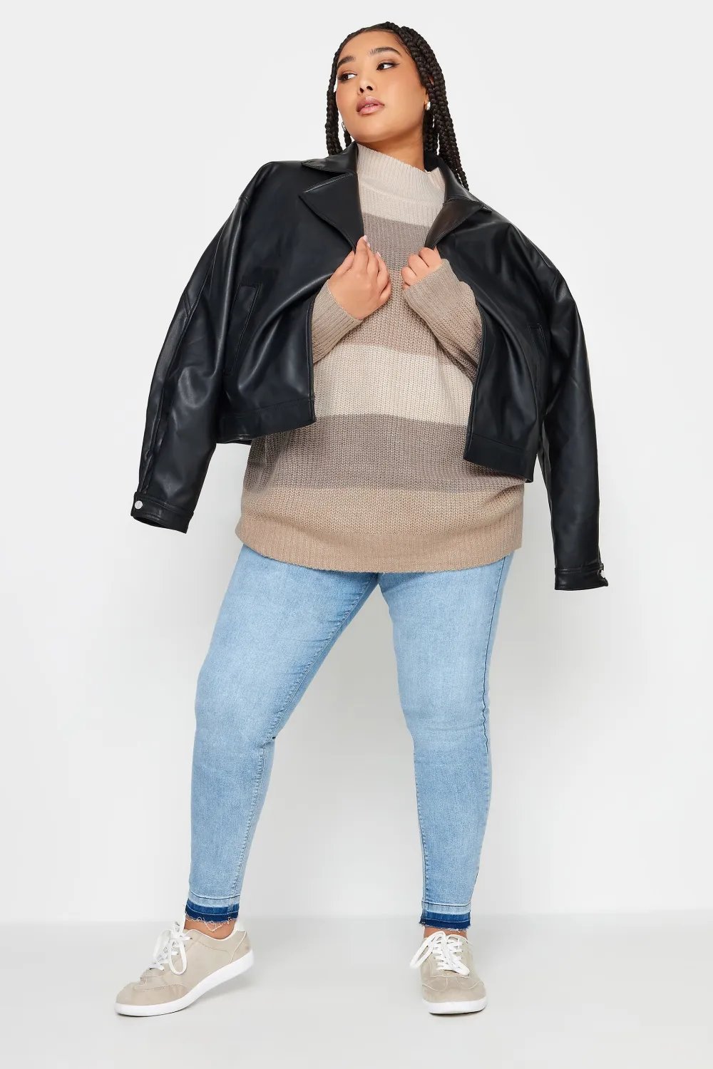 YOURS Curve Grey Stripe High Neck Knitted Jumper