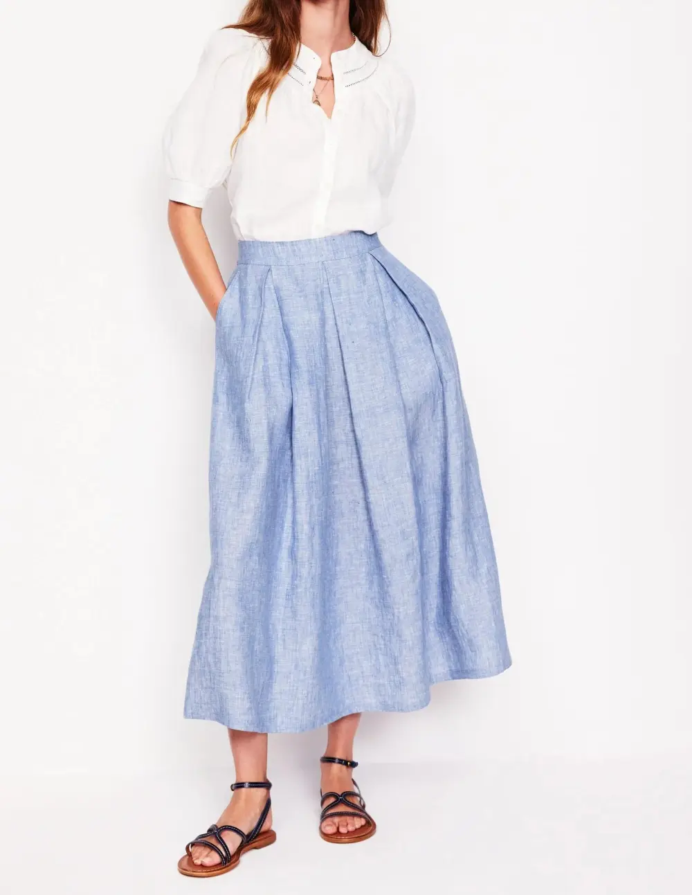 Linen Midi Skirt -Grey Blue Chambray