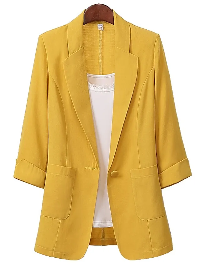 Women's Blazer Outdoor Office Office / Career Spring Summer Fall Regular Coat Regular Fit Breathable Basic Simple Modern Style Jacket 3/4 Length Sleeve Solid Color Pure Color with Pockets White Black