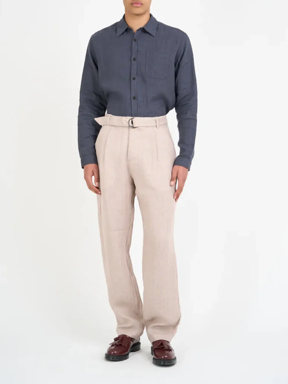 Pink Straight-Leg Belted Linen Trousers