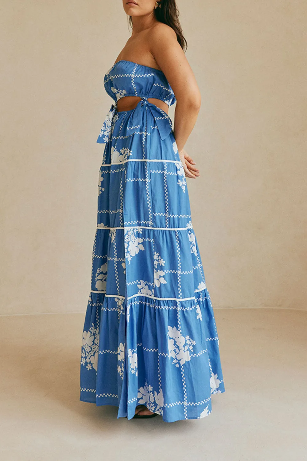 Strapless Tiered Floral Print Maxi Dress