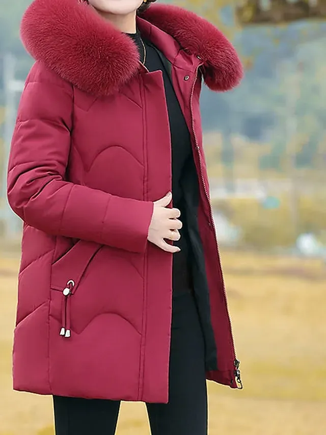 Women's Parka Warm Winter Coat Zipper Puffer Jacket with Removable Fur Collar Zipper Hoodie Heated Jacket Fashion Modern Casual Street Style Outerwear Long Sleeve Fall