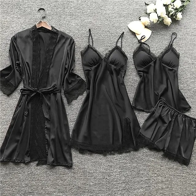 Women's Lace Satin Silk Pajamas Sets 4 Pcs Home Party Daily St.Patrick's Day Elastic Waist Pure Color Satin Simple Casual Soft Strap Top Shorts Fall Winter Spring Strap Short Sleeves Long Sleeve