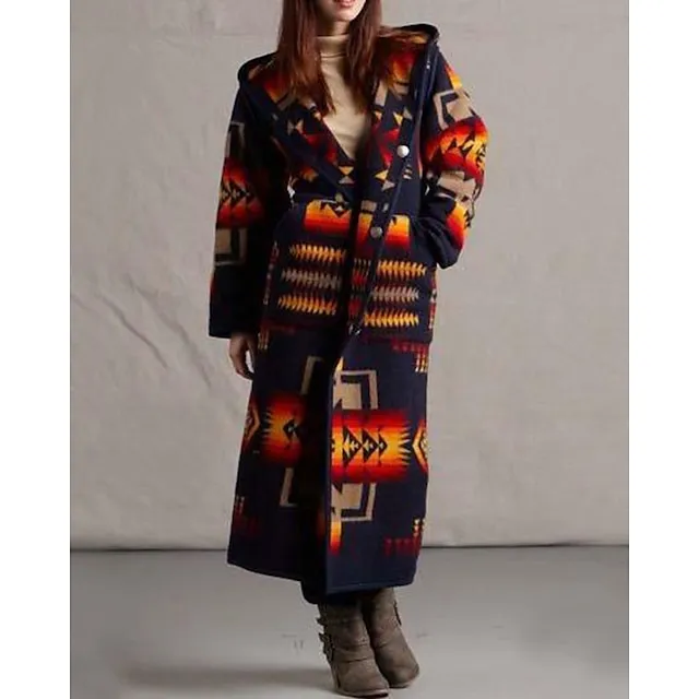 Women's Winter Coat Aztec Print Overcoat Long Coat Warm Heated Hoodie Jacket Long Sleeve Geometric White Black Yellow