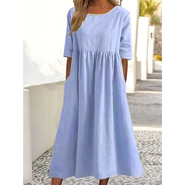 Women's Casual Dress Cotton Dress Swing Dress Midi Dress Cotton Basic Casual Outdoor Daily Crew Neck Pocket Smocked Half Sleeve Summer Spring Fall 2023 Loose Fit Light Blue Black White Pure Color S M