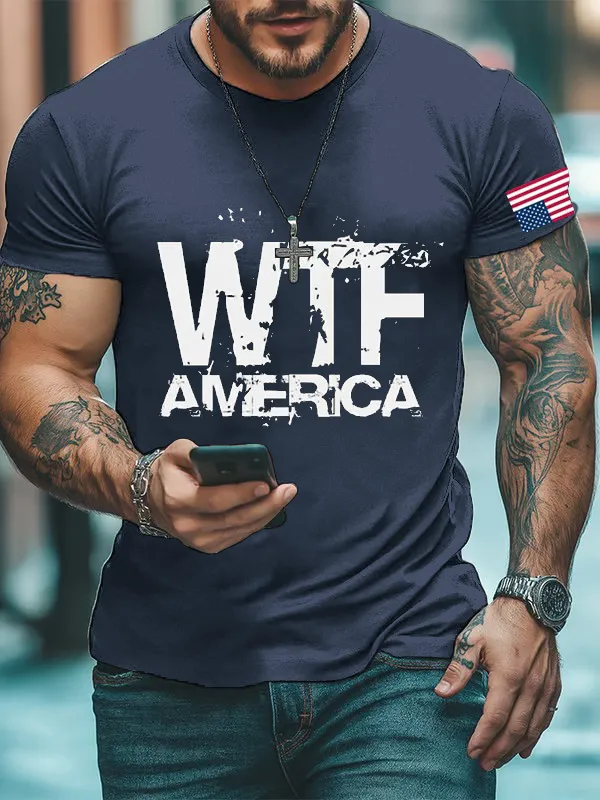Men'S Retro America WTF Print Casual Round Neck T-Shirt