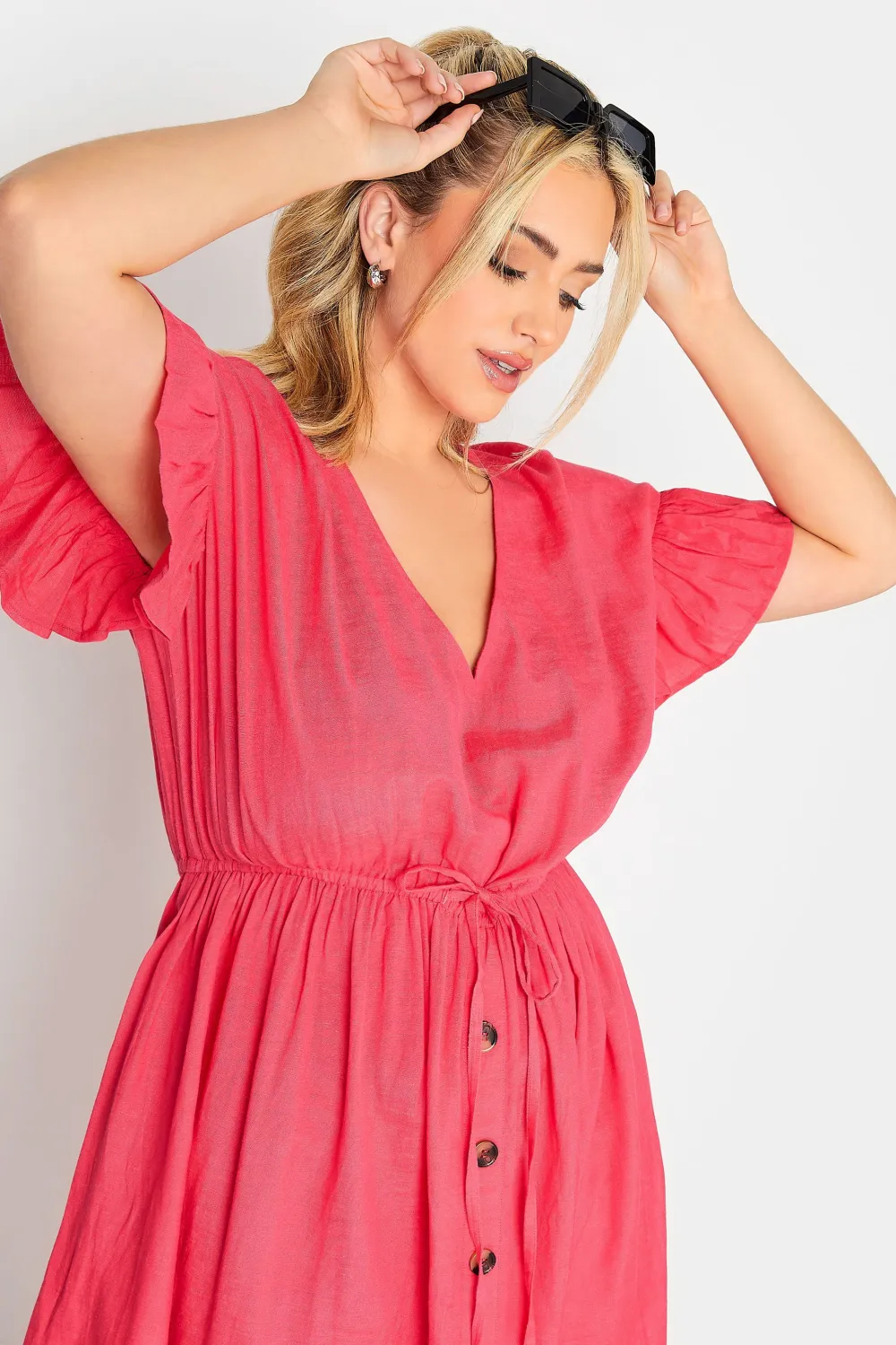 YOURS Curve Coral Pink Frill Sleeve Linen Maxi Dress